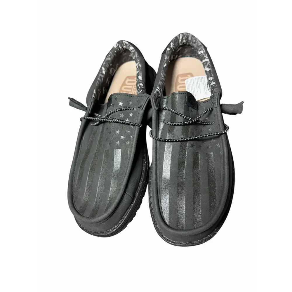Hey Dude Wally Embossed Flag Shoes Men’s Size 9 Black NWOB Lightweight